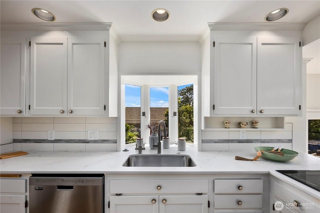 3249 Conkling Pl W, Seattle, WA 98119 - kitchen with stainless steel dishwasher, a sink, backsplash, black electric stovetop, and white cabinetry