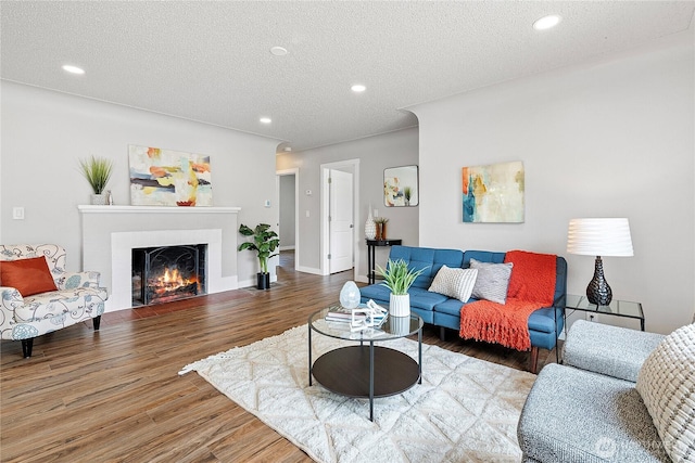 2319 Washington St SE, Olympia, WA 98501 - living area featuring wood finished floors, a lit fireplace, a textured ceiling, recessed lighting, and baseboards