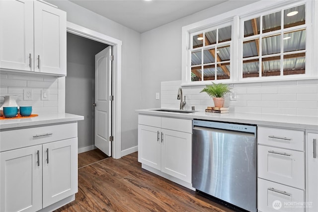 2319 Washington St SE, Olympia, WA 98501 - kitchen featuring dishwasher, a sink, decorative backsplash, and dark wood-style floors