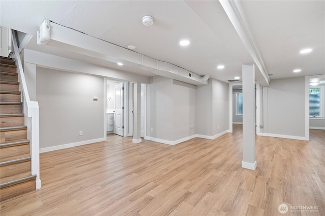 2319 Washington St SE, Olympia, WA 98501 - finished basement with light wood-type flooring, stairway, baseboards, and recessed lighting