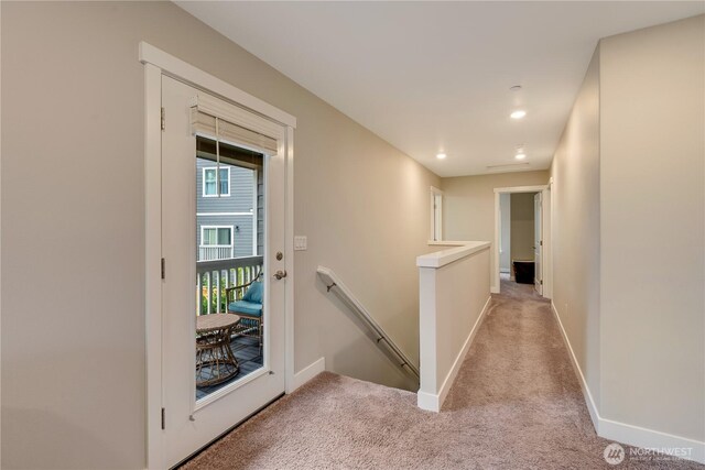 8323 E Gilman Ave, Arlington, WA 98223 - hallway featuring an upstairs landing, light colored carpet, baseboards, and recessed lighting