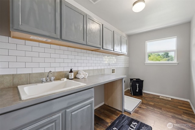 18216 80th Ave E, Puyallup, WA 98375 - kitchen with a sink, gray cabinets, dark wood-style floors, and decorative backsplash