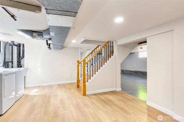 4022 N 19th St, Tacoma, WA 98406 - basement with washing machine and dryer, light wood finished floors, stairway, baseboards, and recessed lighting