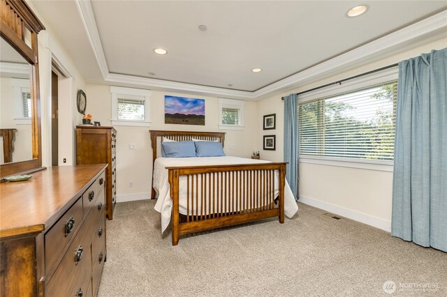 6214 207th Ave E, Bonney Lake, WA 98391 - bedroom featuring baseboards, light carpet, recessed lighting, and a tray ceiling