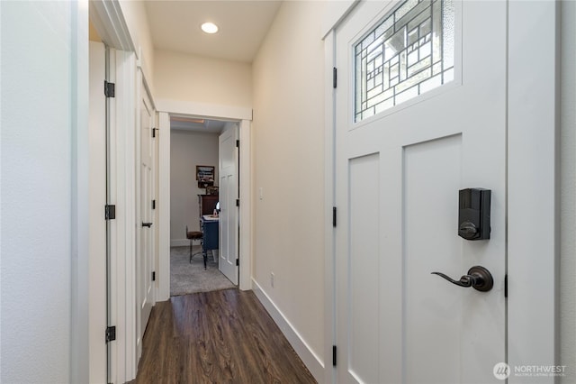 6214 207th Ave E, Bonney Lake, WA 98391 - hallway with baseboards, dark wood-style floors, and recessed lighting