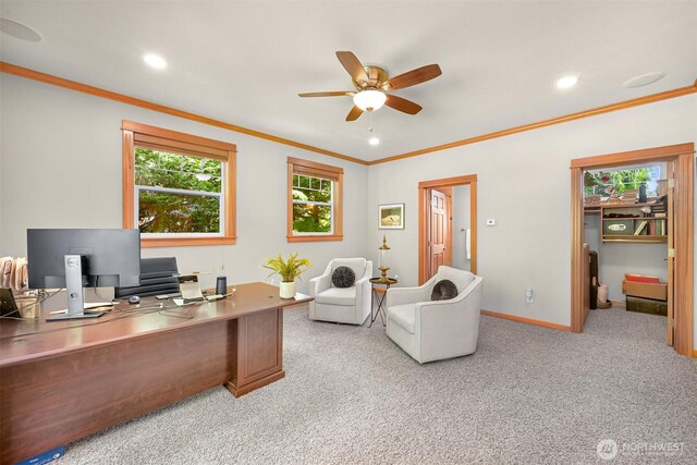 8795 Wood Duck Way, Blaine, WA 98230 - office space with ceiling fan, light colored carpet, crown molding, and recessed lighting