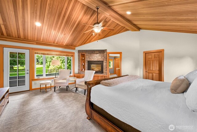8795 Wood Duck Way, Blaine, WA 98230 - bedroom featuring wood ceiling, carpet, a fireplace, access to exterior, and recessed lighting