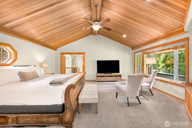 8795 Wood Duck Way, Blaine, WA 98230 - carpeted bedroom featuring wood ceiling, lofted ceiling, recessed lighting, and a ceiling fan