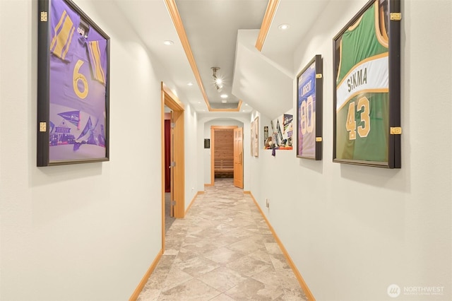 8795 Wood Duck Way, Blaine, WA 98230 - hall with light stone finish floors, recessed lighting, and arched walkways