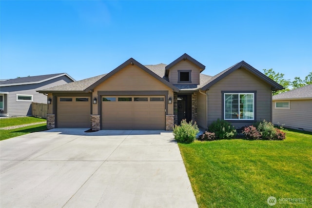 235 Champagne Way, Walla Walla, WA 99362 - view of front of home with a garage, a front lawn, concrete driveway, stone siding, and a shingled roof
