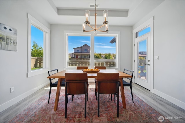 235 Champagne Way, Walla Walla, WA 99362 - dining area featuring a raised ceiling, a chandelier, plenty of natural light, and wood finished floors