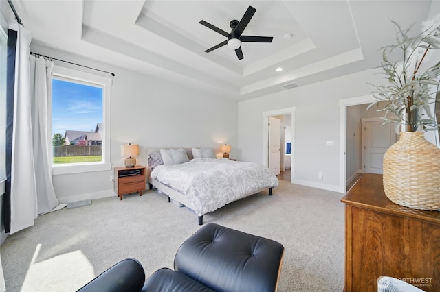 235 Champagne Way, Walla Walla, WA 99362 - bedroom with a raised ceiling, light carpet, baseboards, and ceiling fan