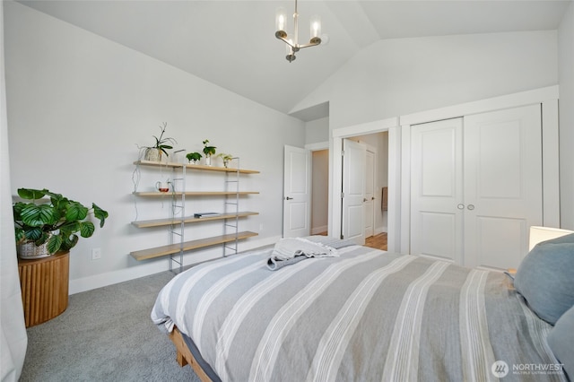 235 Champagne Way, Walla Walla, WA 99362 - bedroom with carpet, high vaulted ceiling, a chandelier, baseboards, and a closet