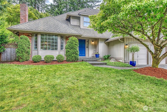 22233 NE 23rd St, Sammamish, WA 98074 - view of front of home with an attached garage, a chimney, a shingled roof, and board and batten siding