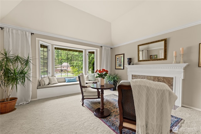 22233 NE 23rd St, Sammamish, WA 98074 - carpeted living room featuring high vaulted ceiling, a fireplace, and baseboards