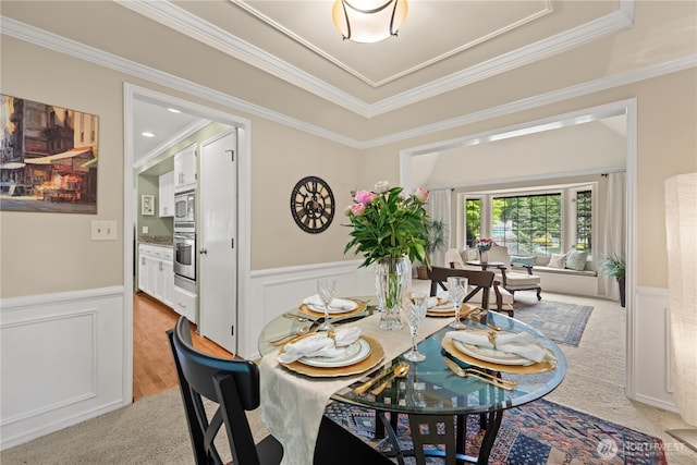 22233 NE 23rd St, Sammamish, WA 98074 - dining space with crown molding, light carpet, and wainscoting