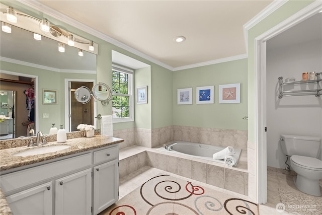 22233 NE 23rd St, Sammamish, WA 98074 - full bathroom with vanity, a garden tub, toilet, crown molding, and tile patterned floors