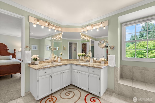 22233 NE 23rd St, Sammamish, WA 98074 - full bathroom with vanity, ornamental molding, ensuite bath, and tile patterned flooring
