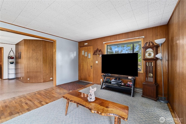 705 Old Kettle Rd, Kettle Falls, WA 99141 - living room featuring wooden walls and carpet flooring