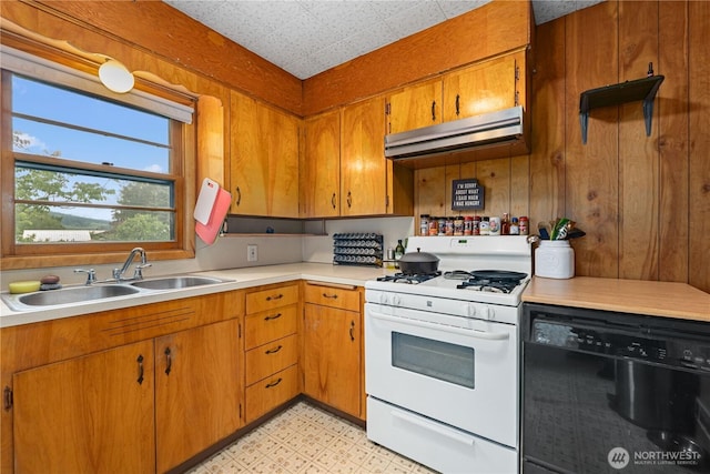 705 Old Kettle Rd, Kettle Falls, WA 99141 - kitchen with gas range gas stove, range hood, a sink, black dishwasher, and light countertops