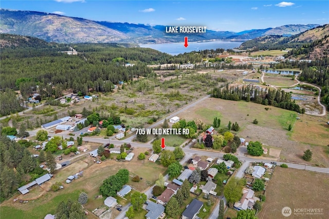 705 Old Kettle Rd, Kettle Falls, WA 99141 - aerial view of property and surrounding area featuring a water and mountain view and a forest