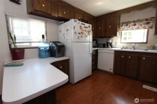 920 Maple Ln Unit 15, Sedro Woolley, WA 98284 - kitchen with white appliances, a sink, light countertops, dark wood-style floors, and dark brown cabinetry