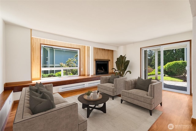 7581 Old Redmond Rd # 4, Redmond, WA 98052 - living area featuring a baseboard heating unit, light wood finished floors, and a large fireplace