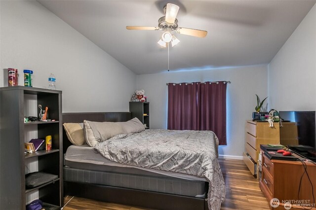 16016 11th Ave E, Tacoma, WA 98445 - bedroom with wood finished floors, lofted ceiling, and a ceiling fan