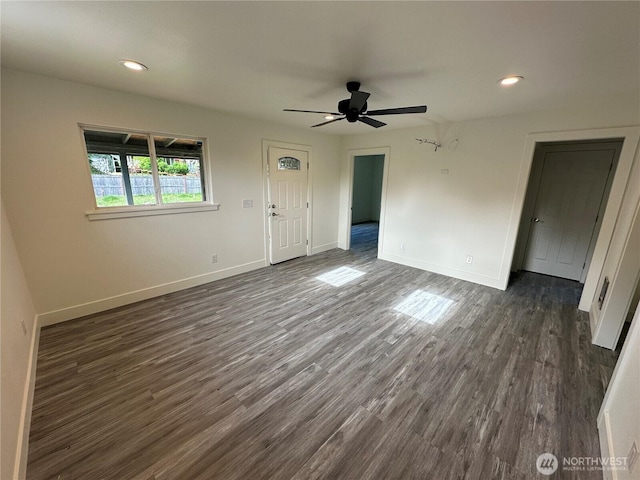 7041 E Washington St, Port Orchard, WA 98366 - unfurnished living room with ceiling fan, dark wood finished floors, baseboards, and recessed lighting