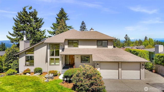 5030 155th Pl SE, Bellevue, WA 98006 - view of front facade featuring a chimney, a garage, a front yard, concrete driveway, and a shingled roof