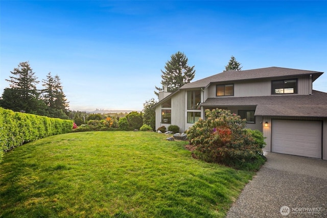5030 155th Pl SE, Bellevue, WA 98006 - view of front of property featuring an attached garage, a front yard, a shingled roof, and driveway