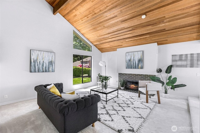 5030 155th Pl SE, Bellevue, WA 98006 - living room featuring wooden ceiling, carpet flooring, high vaulted ceiling, and a fireplace