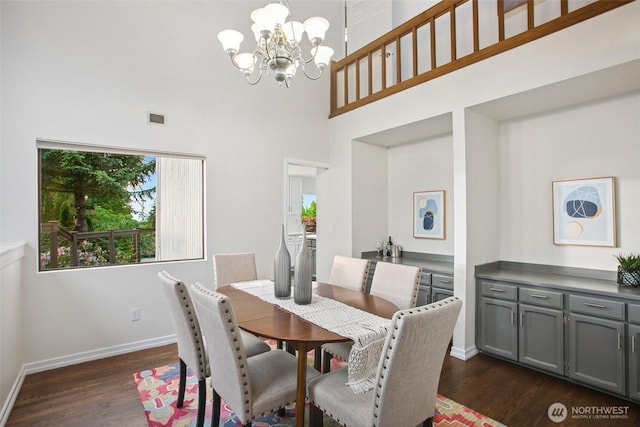 5030 155th Pl SE, Bellevue, WA 98006 - dining room featuring a towering ceiling, dark wood-type flooring, and a chandelier