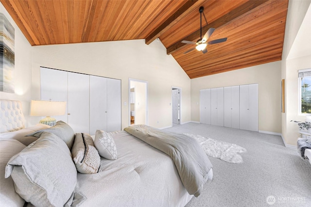 5030 155th Pl SE, Bellevue, WA 98006 - bedroom featuring a wooden ceiling with exposed beams, carpet, high vaulted ceiling, ceiling fan, and multiple closets