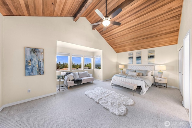 5030 155th Pl SE, Bellevue, WA 98006 - bedroom with a wooden ceiling with exposed beams, carpet floors, high vaulted ceiling, and ceiling fan