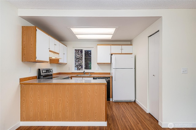 8823 Holly Dr Unit H207, Everett, WA 98208 - kitchen with freestanding refrigerator, electric range oven, a sink, a peninsula, and wood finished floors