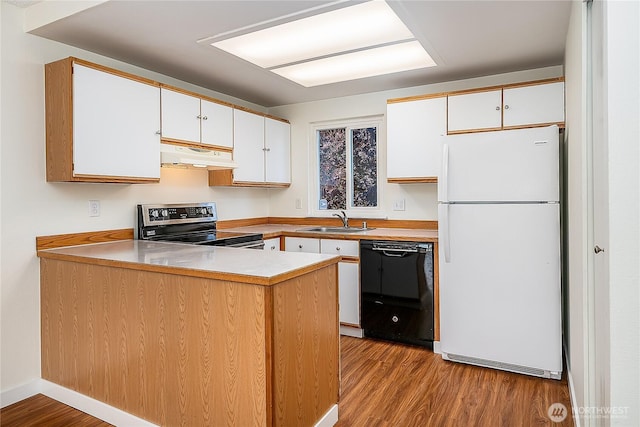 8823 Holly Dr Unit H207, Everett, WA 98208 - kitchen with freestanding refrigerator, dishwasher, stainless steel electric range, under cabinet range hood, and a sink