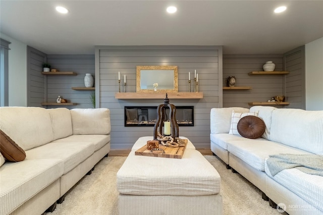 1328 Dakota St, Walla Walla, WA 99362 - living area featuring a glass covered fireplace, recessed lighting, carpet floors, and wooden walls