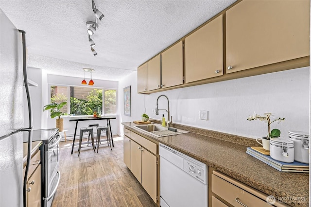 1338 Orleans St, Bellingham, WA 98229 - kitchen with stainless steel appliances, a sink, a textured ceiling, light wood-type flooring, and track lighting