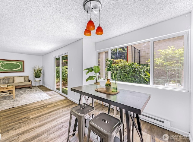 1338 Orleans St, Bellingham, WA 98229 - dining space with a baseboard radiator, wood finished floors, a textured ceiling, and baseboards