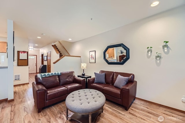 10829 19th Ave SE Unit 3C, Everett, WA 98208 - living room with light wood-style flooring, baseboards, stairway, and recessed lighting