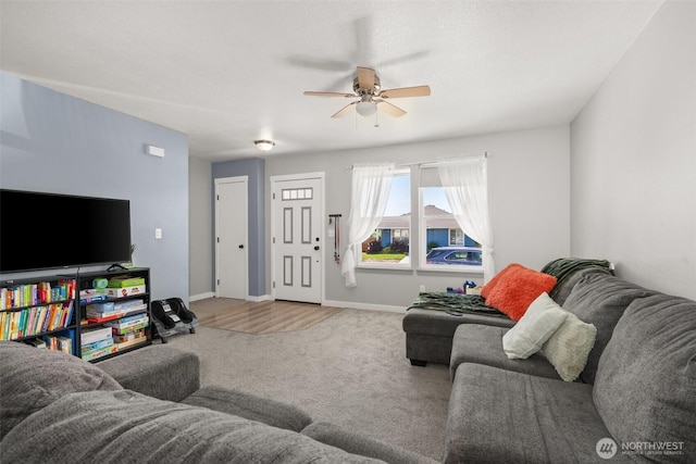 505 Herren Ave, Winlock, WA 98596 - living room featuring a ceiling fan, carpet floors, and baseboards