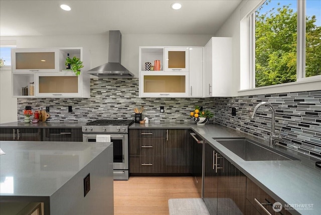 4531 S Kenny St, Seattle, WA 98118 - kitchen featuring wall chimney exhaust hood, stainless steel appliances, a sink, white cabinetry, and open shelves