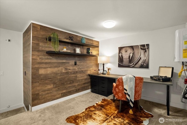 4531 S Kenny St, Seattle, WA 98118 - office area with light colored carpet, water heater, baseboards, and wooden walls