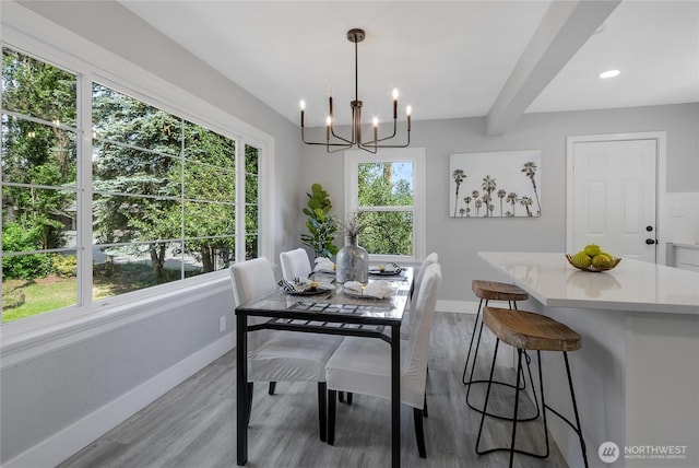 4224 Division Ave W, Bremerton, WA 98312 - dining room with baseboards, a chandelier, healthy amount of natural light, light wood-style floors, and beamed ceiling