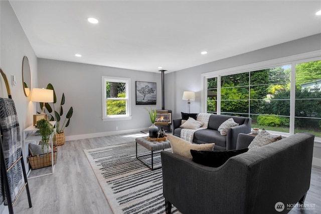 4224 Division Ave W, Bremerton, WA 98312 - living area with a wood stove, wood finished floors, recessed lighting, and baseboards