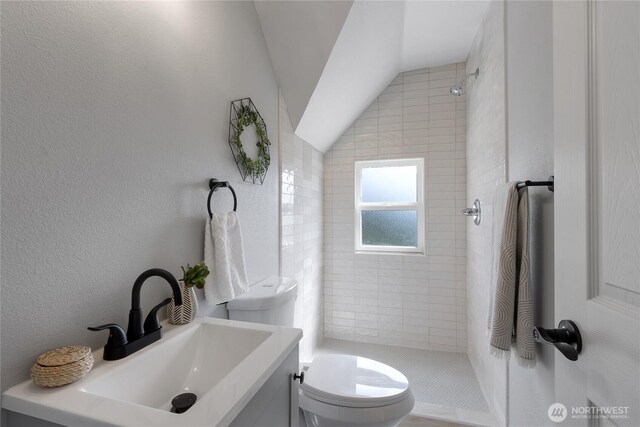 4224 Division Ave W, Bremerton, WA 98312 - full bathroom with a shower stall, toilet, a sink, and vaulted ceiling