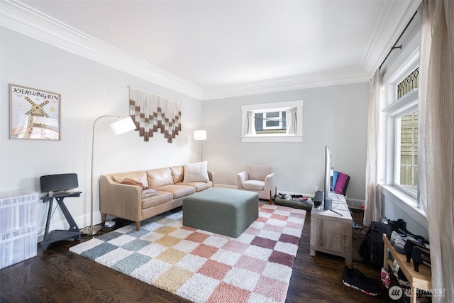 410 N 48th St, Seattle, WA 98103 - living room featuring wood finished floors, ornamental molding, and baseboards