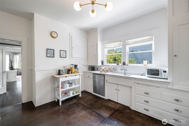 410 N 48th St, Seattle, WA 98103 - kitchen featuring stainless steel dishwasher, white microwave, a sink, concrete flooring, and light countertops