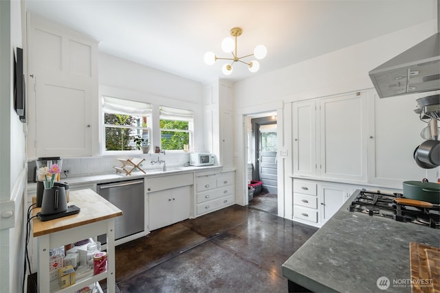410 N 48th St, Seattle, WA 98103 - kitchen featuring dishwasher, extractor fan, concrete flooring, white cabinetry, and black gas stovetop